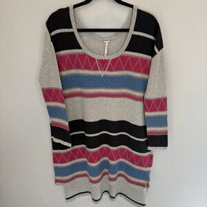 Free People Gray Pink Blue Black Tribal Striped Tunic Sweater Casual Dress XS/S